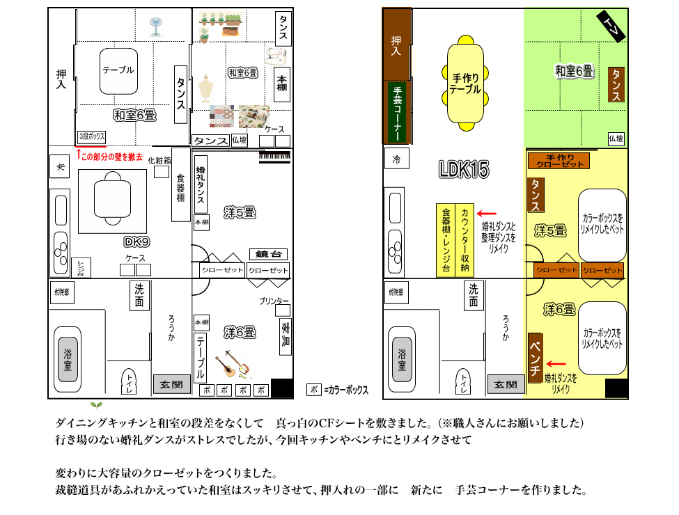 ６畳の和室の襖を開けると、手作りのクローゼットが!以前使っていた婚礼タンスより、収納できて助かりました!続き部屋にする必要がないので、このスペースに間仕切りを兼ねたクローゼットを作りました!